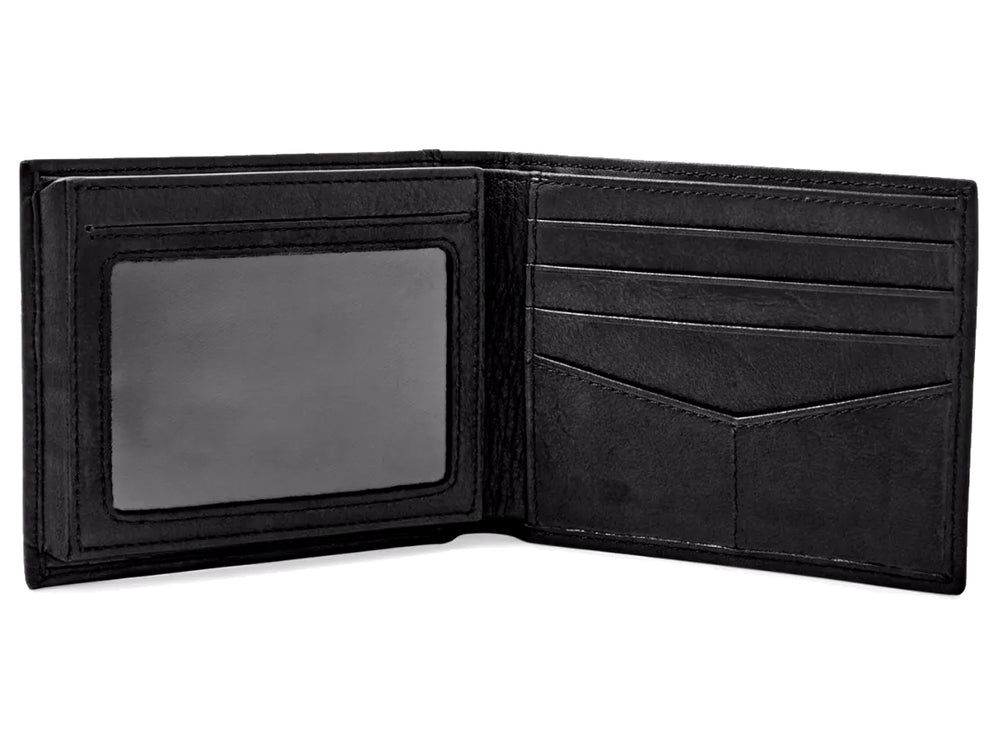 Cartera bifold de cuero color negro marca Fossil con costuras perimetrales.