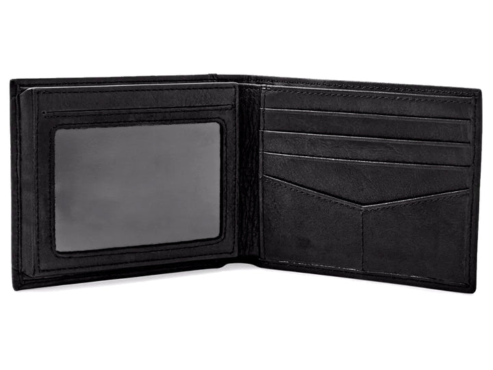 Cartera bifold de cuero color negro marca Fossil con costuras perimetrales.