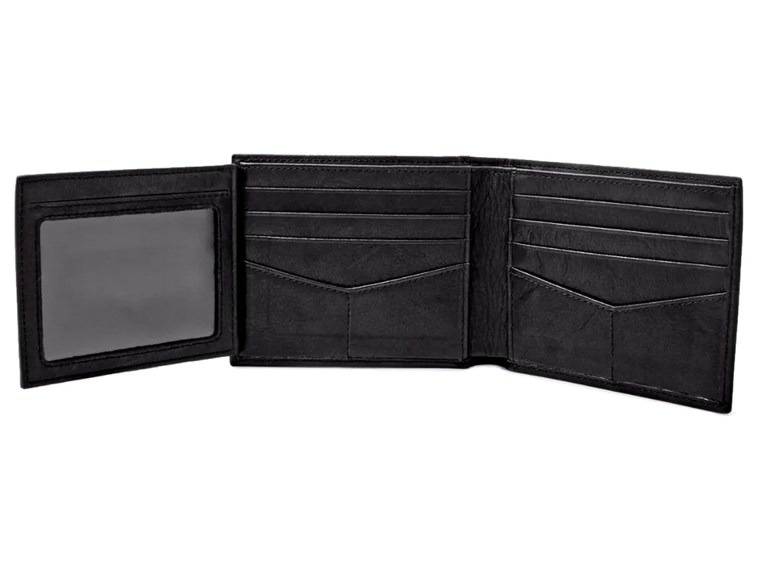 Cartera bifold de cuero color negro marca Fossil con costuras perimetrales.