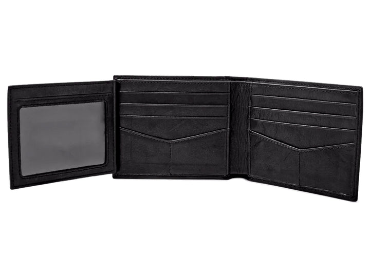 Cartera bifold de cuero color negro marca Fossil con costuras perimetrales.