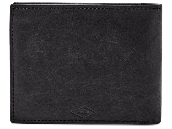 Cartera bifold de cuero color negro marca Fossil con costuras perimetrales.