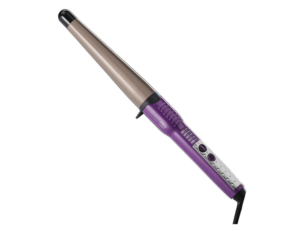 Rizador de cabello Conair color morado con barril metálico dorado.
