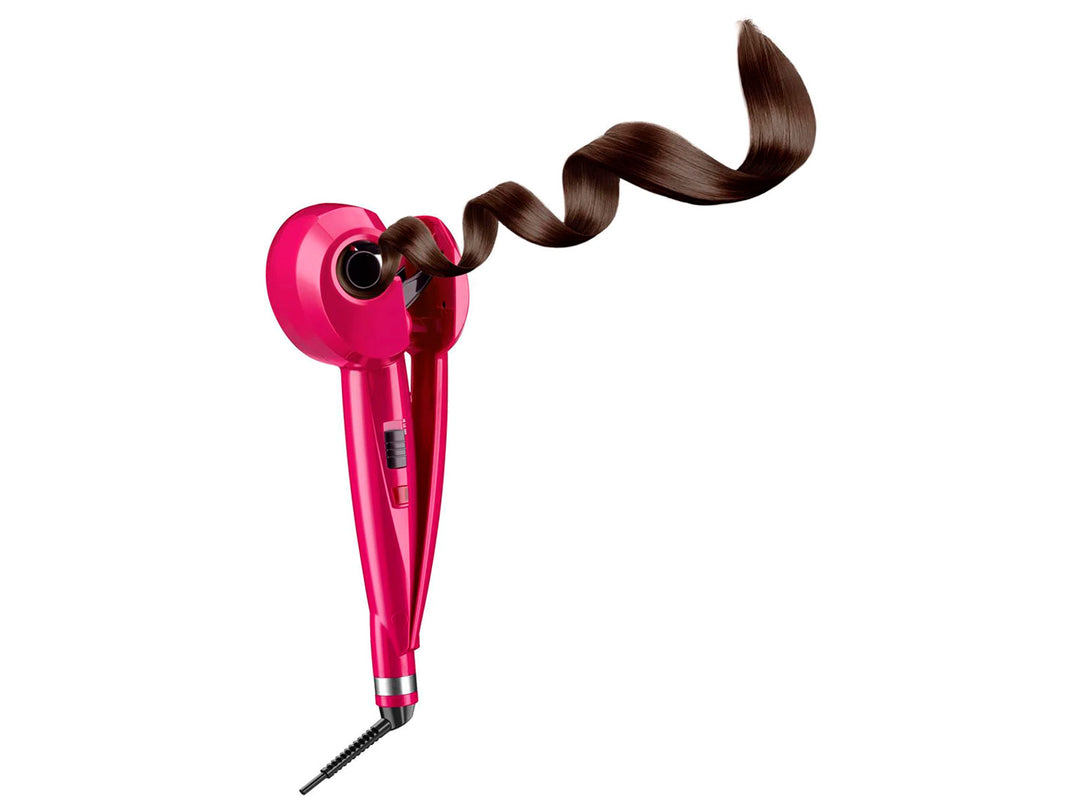 Tenaza rizadora de cabello Conair color rosa brillante con acabado cerámico y turmalina.