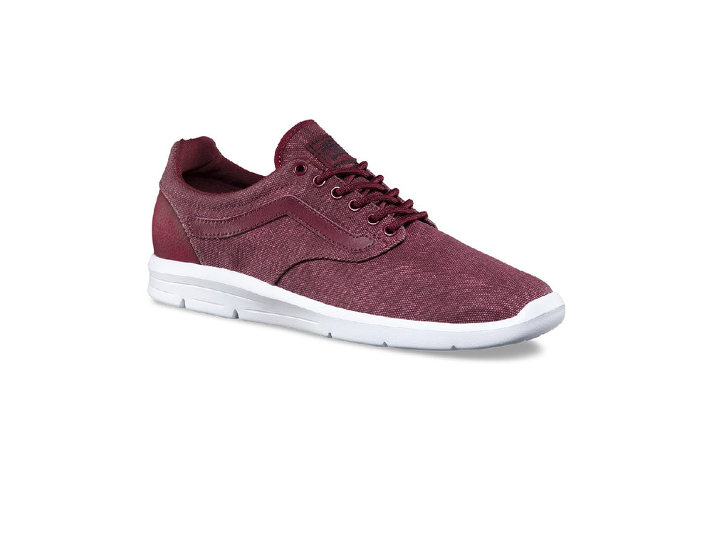Tenis Vans ISO 1.5 para mujer en color burgundy con suela blanca.