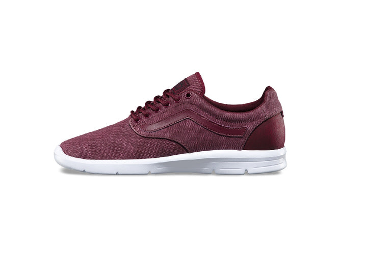 Tenis Vans ISO 1.5 para mujer en color burgundy con suela blanca.