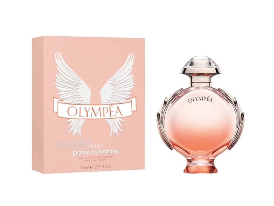 Perfume Paco Rabanne Olympea Aqua en frasco circular rosa con caja a juego decorada con alas blancas.