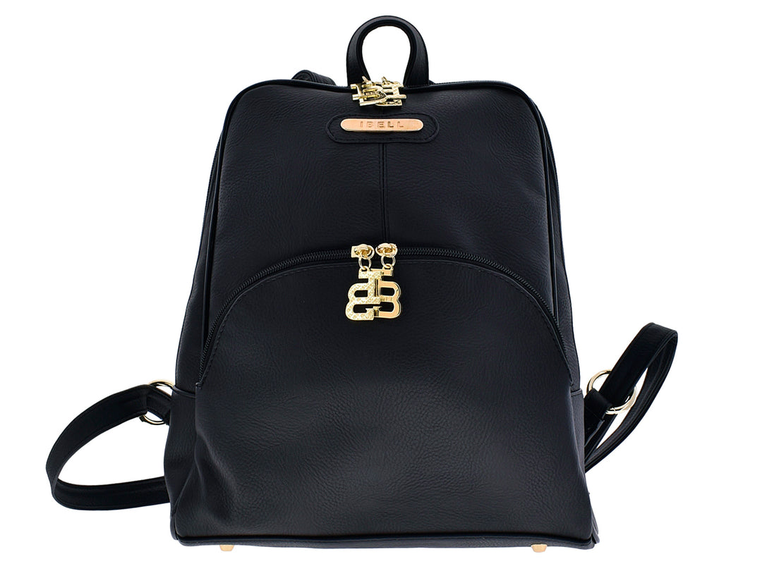Mochila negra de material sintético con herrajes y detalles en color dorado para mujer.