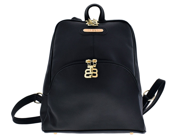 Mochila negra de material sintético con herrajes y detalles en color dorado para mujer.