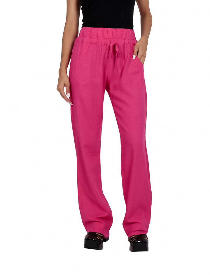 Pantalón de lino color rosa con cintura elástica y cordón ajustable para mujer.