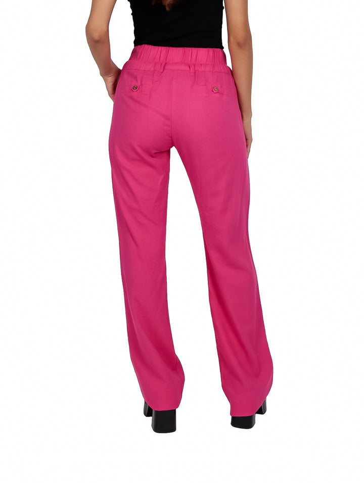 Pantalón de lino color rosa con cintura elástica y cordón ajustable para mujer.