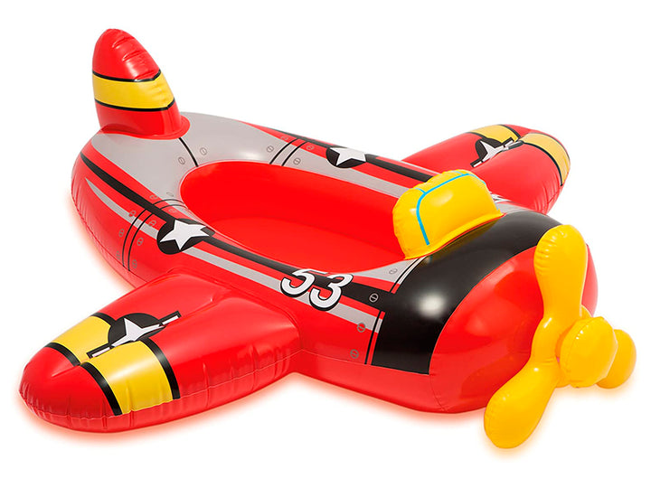 Salvavidas inflable con forma de avión rojo y amarillo con hélice frontal.