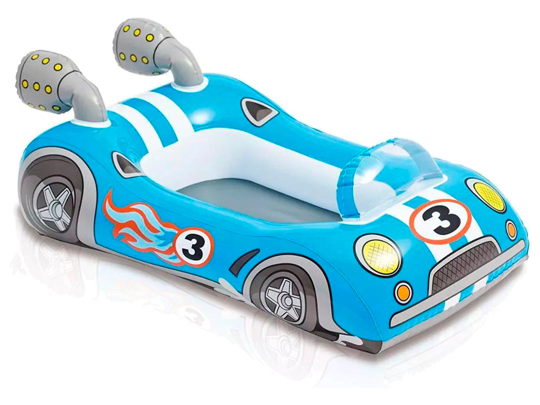 Salvavidas inflable con forma de avión rojo y amarillo con hélice frontal.