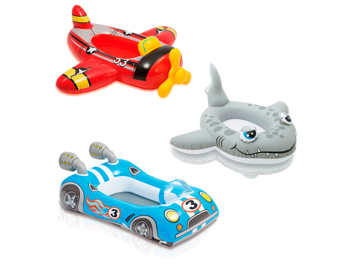 Salvavidas inflable con forma de avión rojo y amarillo con hélice frontal.