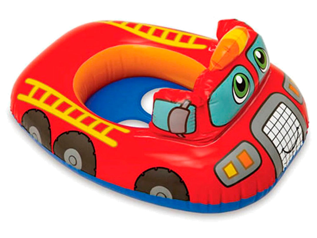 Salvavidas inflable para bebé con diseño de camión de bomberos en colores rojo, azul y amarillo.