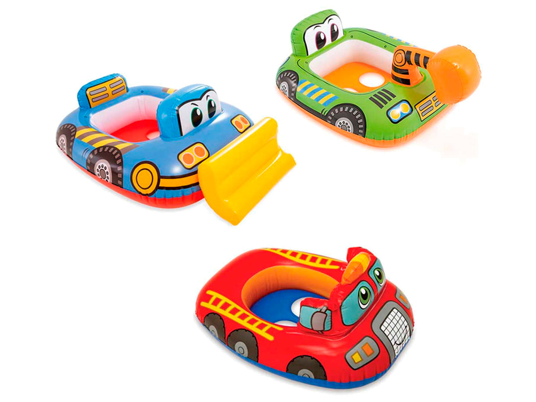 Salvavidas inflable para bebé con diseño de camión de bomberos en colores rojo, azul y amarillo.