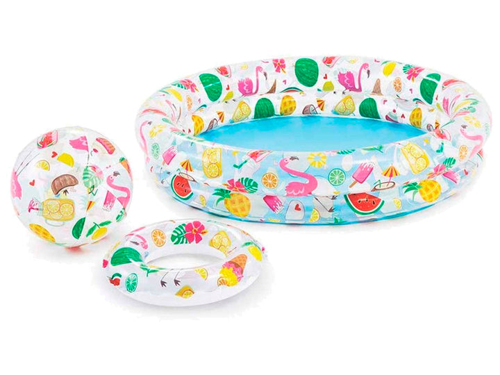 Kit de alberca inflable Intex con pelota y salvavidas, estampado tropical multicolor con flamencos y frutas.