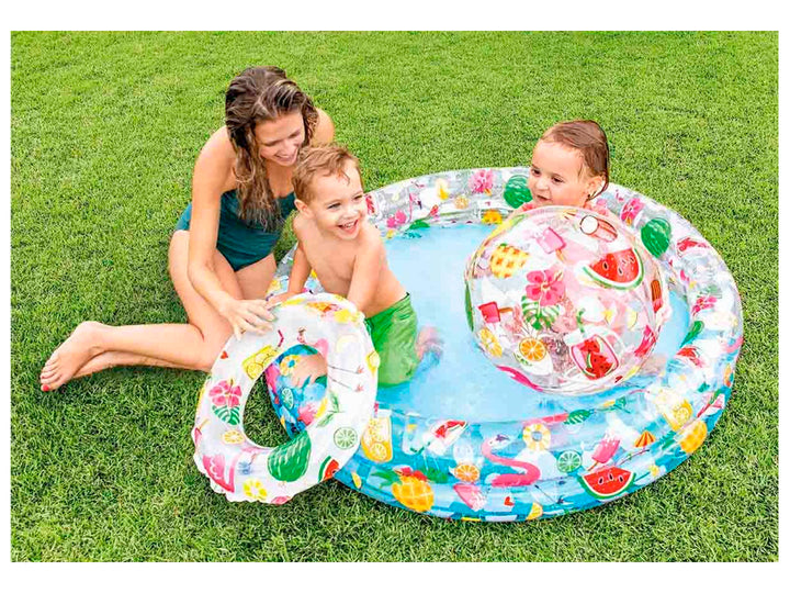 Kit de alberca inflable Intex con pelota y salvavidas, estampado tropical multicolor con flamencos y frutas.
