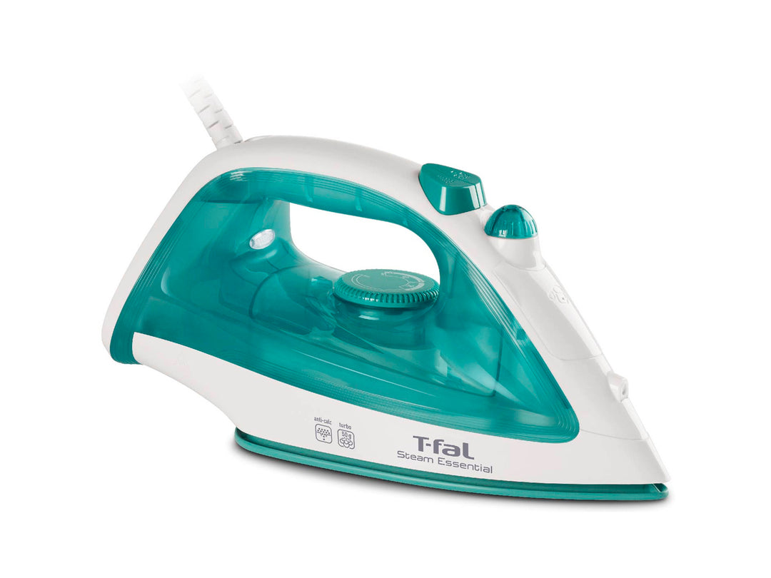Plancha de vapor T-fal Steam Essential blanca con depósito de agua turquesa transparente.