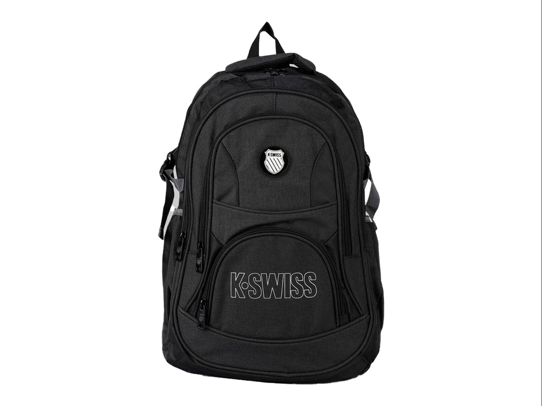 Mochila escolar K-Swiss de color negro con múltiples compartimentos y logotipo frontal.