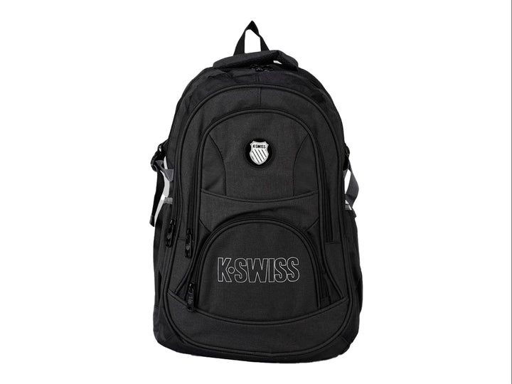 Mochila escolar K-Swiss de color negro con múltiples compartimentos y logotipo frontal.