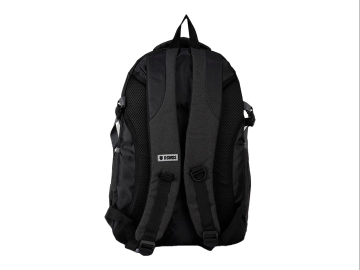 Mochila escolar K-Swiss de color negro con múltiples compartimentos y logotipo frontal.