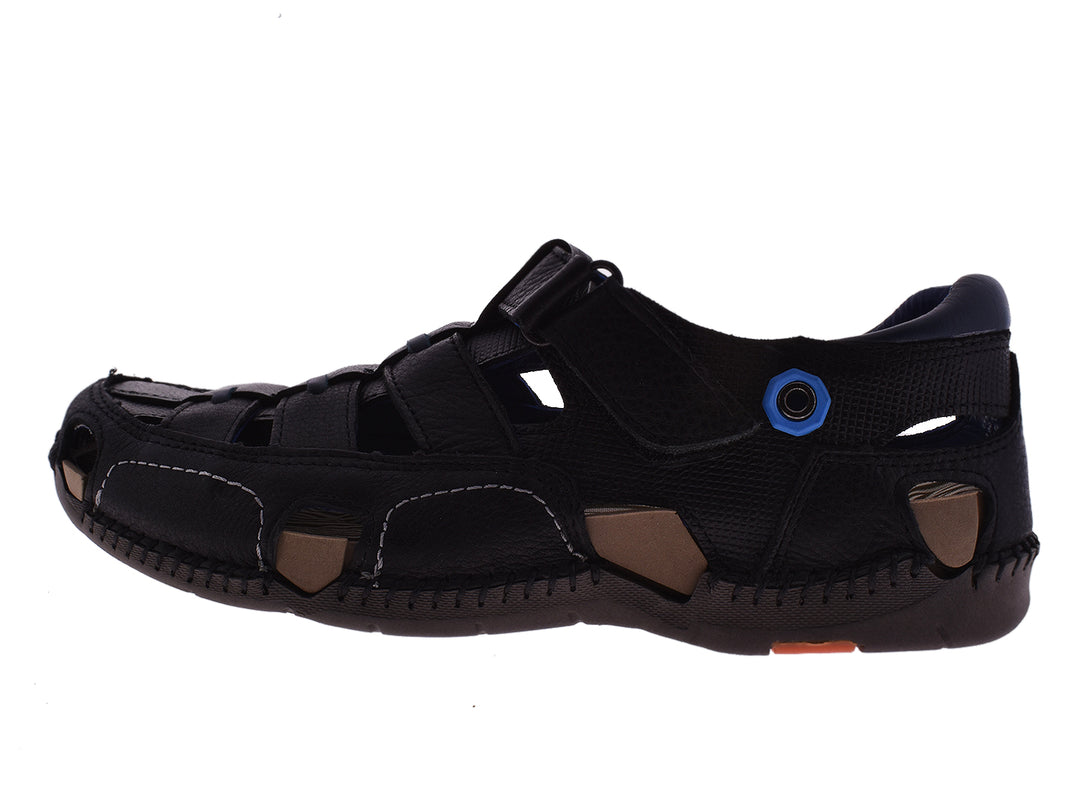 Sandalias negras para hombre estilo cerrado con detalles azules y acabado mate.