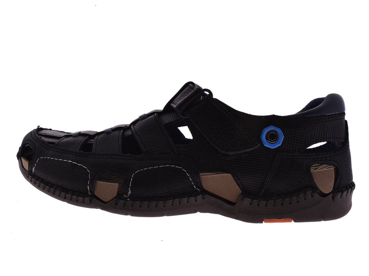 Sandalias negras para hombre estilo cerrado con detalles azules y acabado mate.