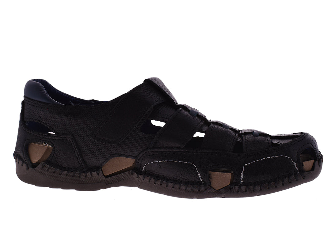 Sandalias negras para hombre estilo cerrado con detalles azules y acabado mate.