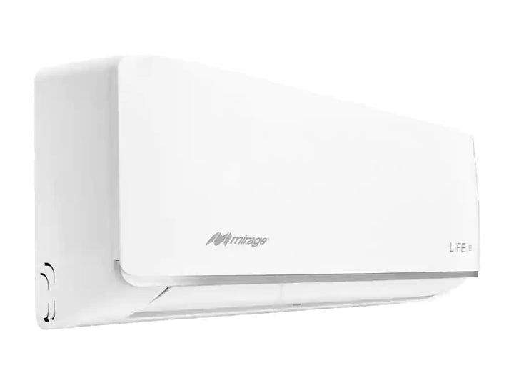 Unidad interior de aire acondicionado minisplit marca Mirage color blanco con diseño moderno y rectangular.