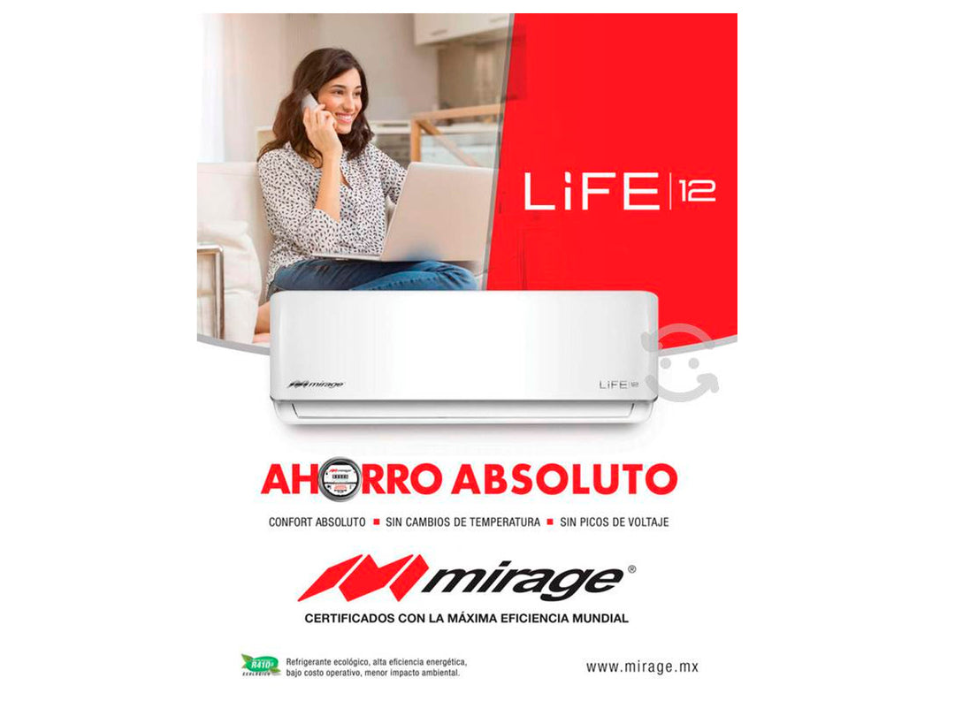 Unidad interior de aire acondicionado minisplit marca Mirage color blanco con diseño moderno y rectangular.