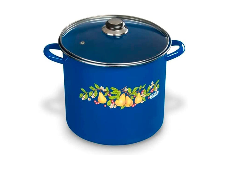Set de cocina CINSA azul de 7 piezas con motivos de frutas y sartén negro.