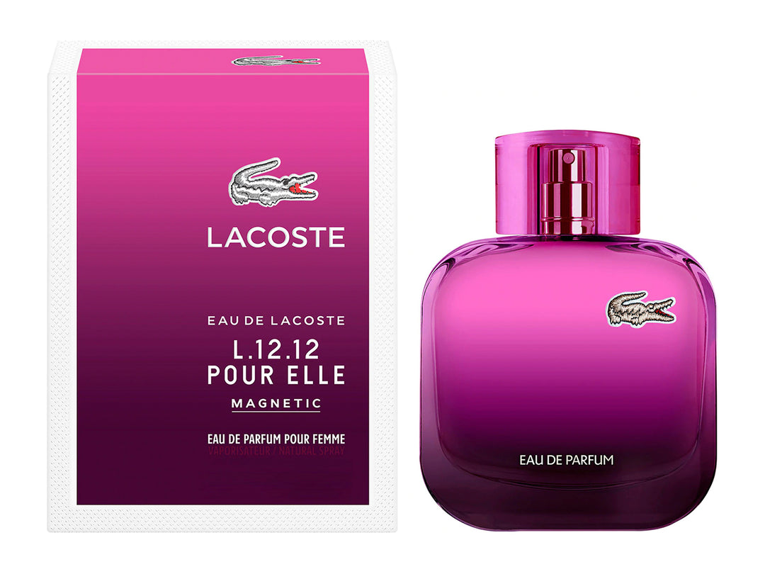 Botella y caja de perfume Lacoste L.12.12 Pour Elle Magnetic en color morado degradado.
