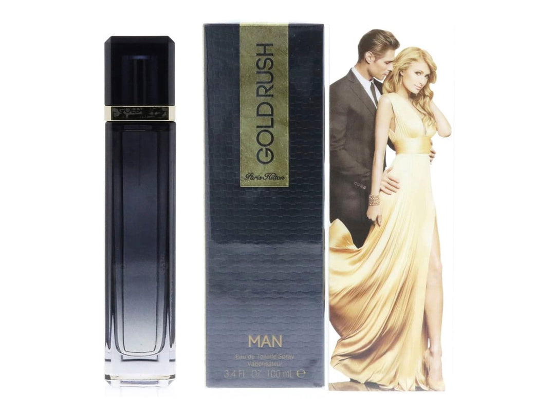 Botella y caja de colonia Paris Hilton Gold Rush para hombre en color negro con detalles dorados.