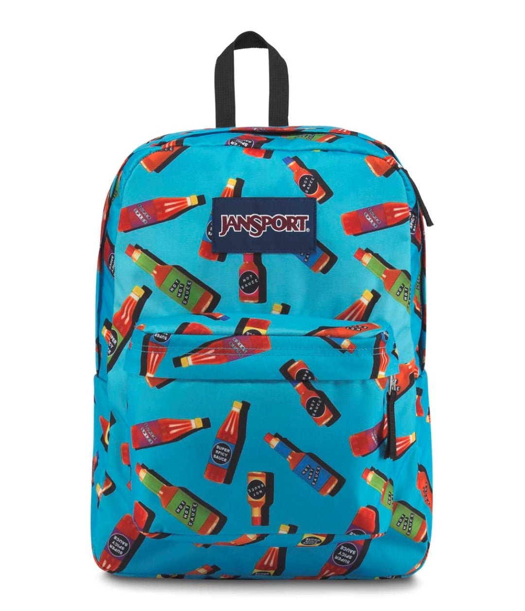 Mochila JanSport azul con estampado de botellas de salsa picante roja.
