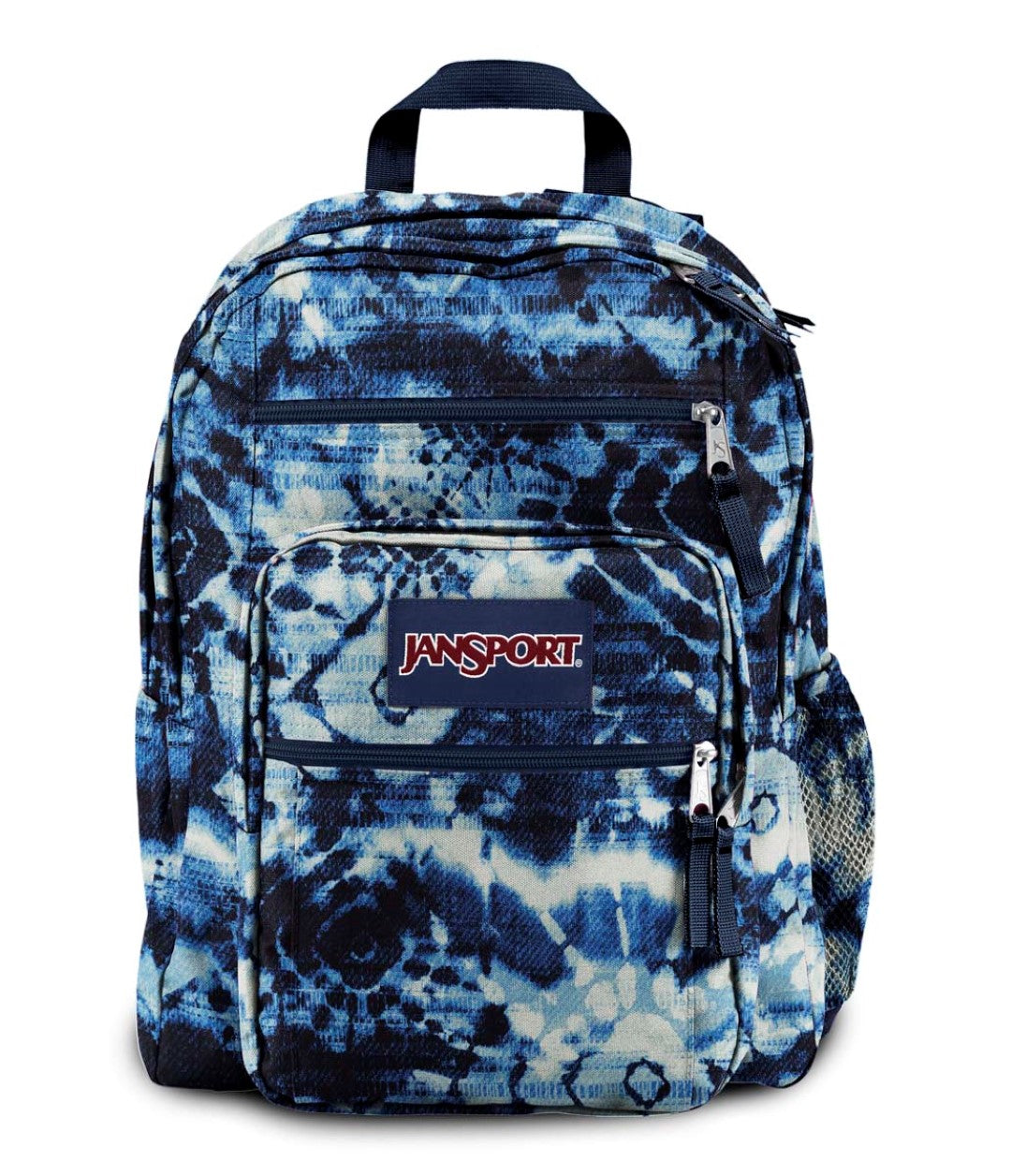 Mochila escolar JanSport Big Student con estampado shibori en tonos azul y blanco.