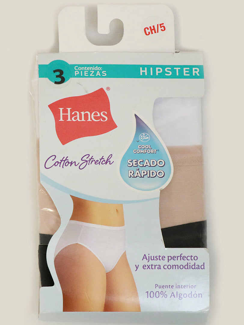 Paquete de 3 panties Hanes corte hipster en colores blanco, beige y negro.