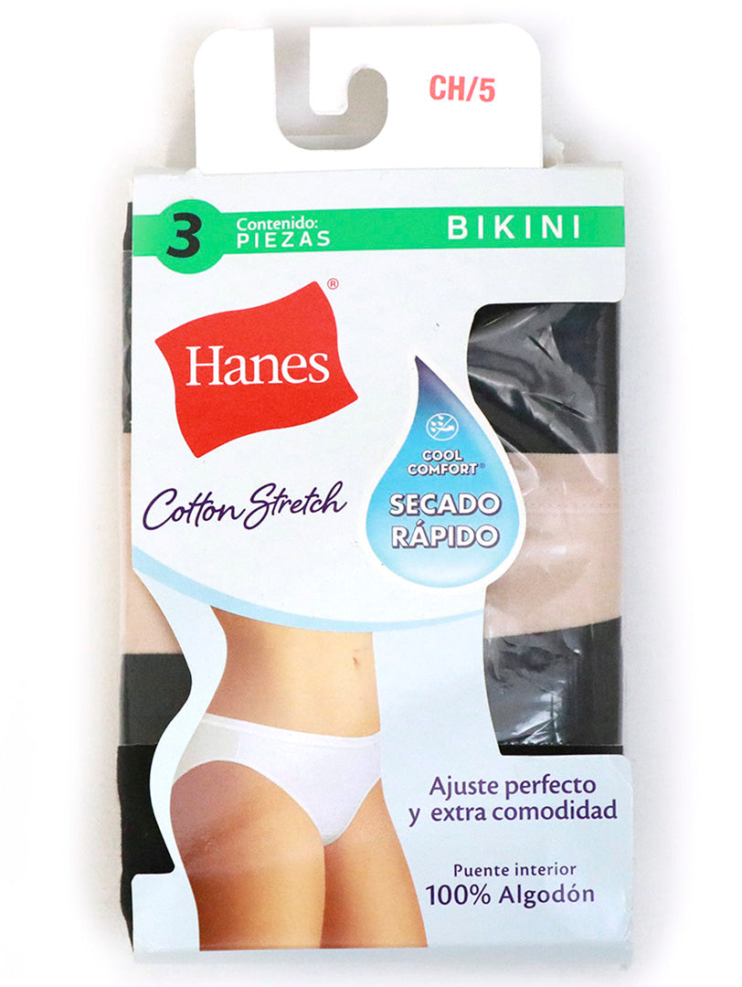 Paquete de 3 panties Hanes corte bikini para mujer en colores blanco, negro y beige.