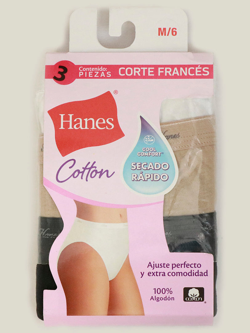 Paquete de 3 panties Hanes de algodón en colores beige, negro y blanco, corte francés.