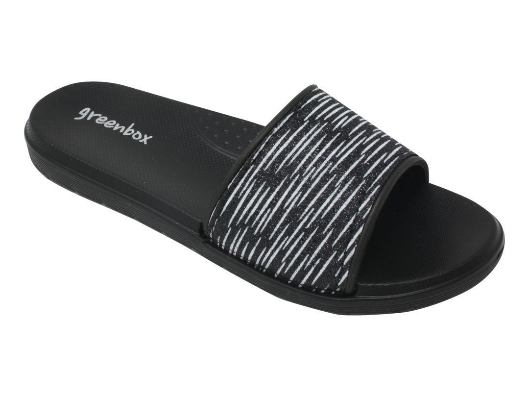Sandalia negra de la marca Greenbox con banda superior en color negro y blanco con textura lineal.