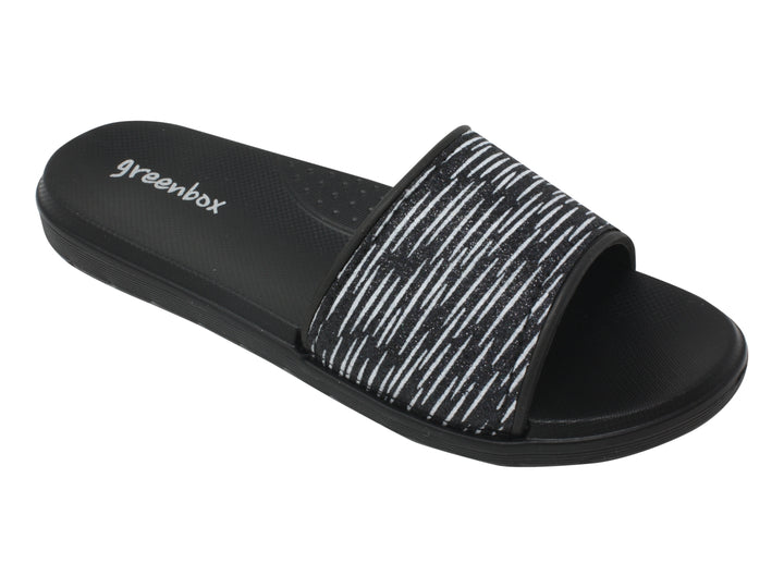 Sandalia negra de la marca Greenbox con banda superior en color negro y blanco con textura lineal.