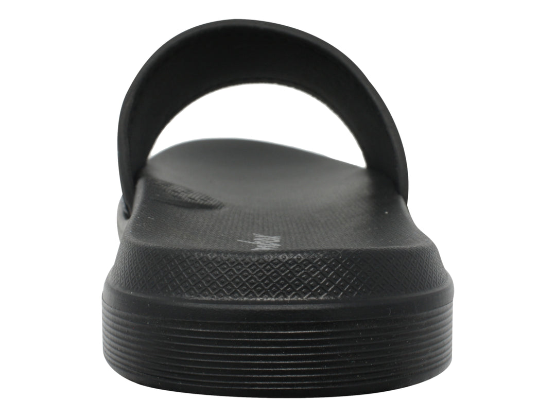 Sandalia negra de la marca Greenbox con banda superior en color negro y blanco con textura lineal.