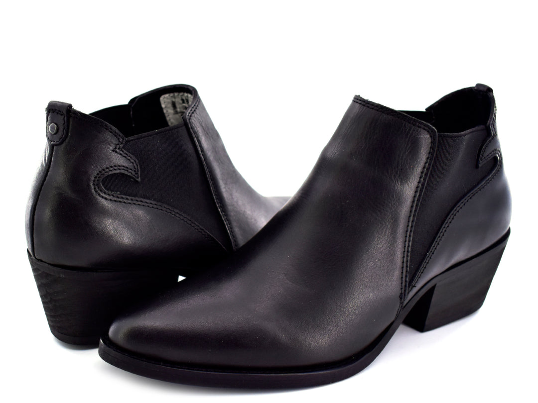 Botín negro para mujer con tacón cuadrado y panel lateral elástico.