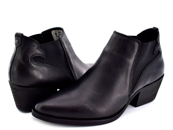Botín negro para mujer con tacón cuadrado y panel lateral elástico.