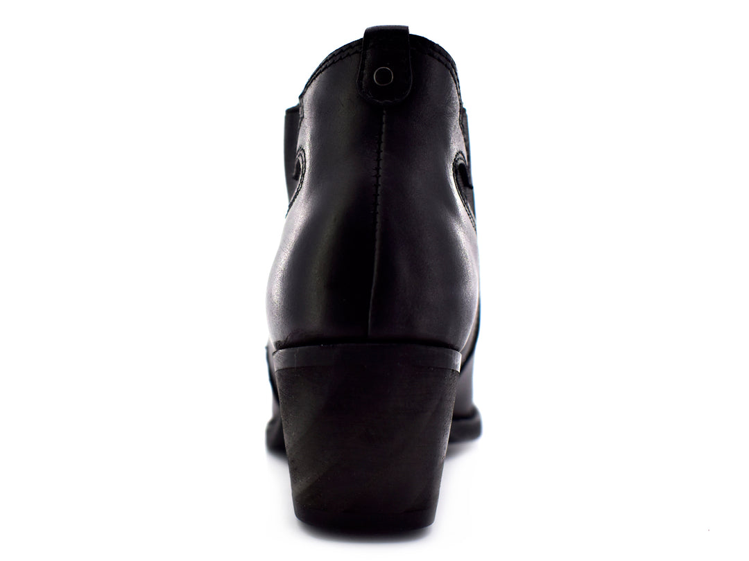 Botín negro para mujer con tacón cuadrado y panel lateral elástico.