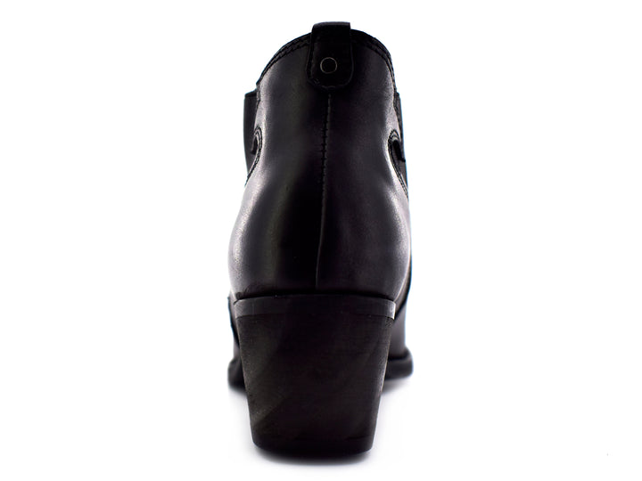 Botín negro para mujer con tacón cuadrado y panel lateral elástico.