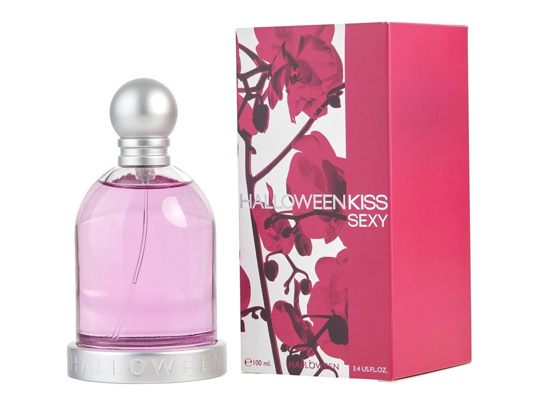 Perfume J. Del Pozo Sexy Kiss en botella de vidrio rosa con tapa plateada y su caja decorada con flores rosas.