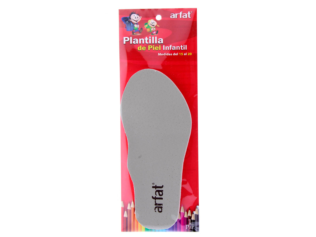 Plantilla de piel color beige para niños marca Arfat en empaque rojo.
