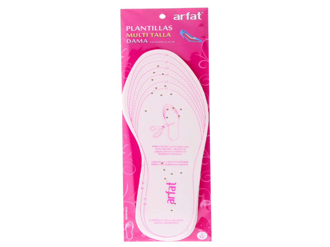 Plantillas blancas recortables para calzado de mujer en empaque rosa marca Arfat.
