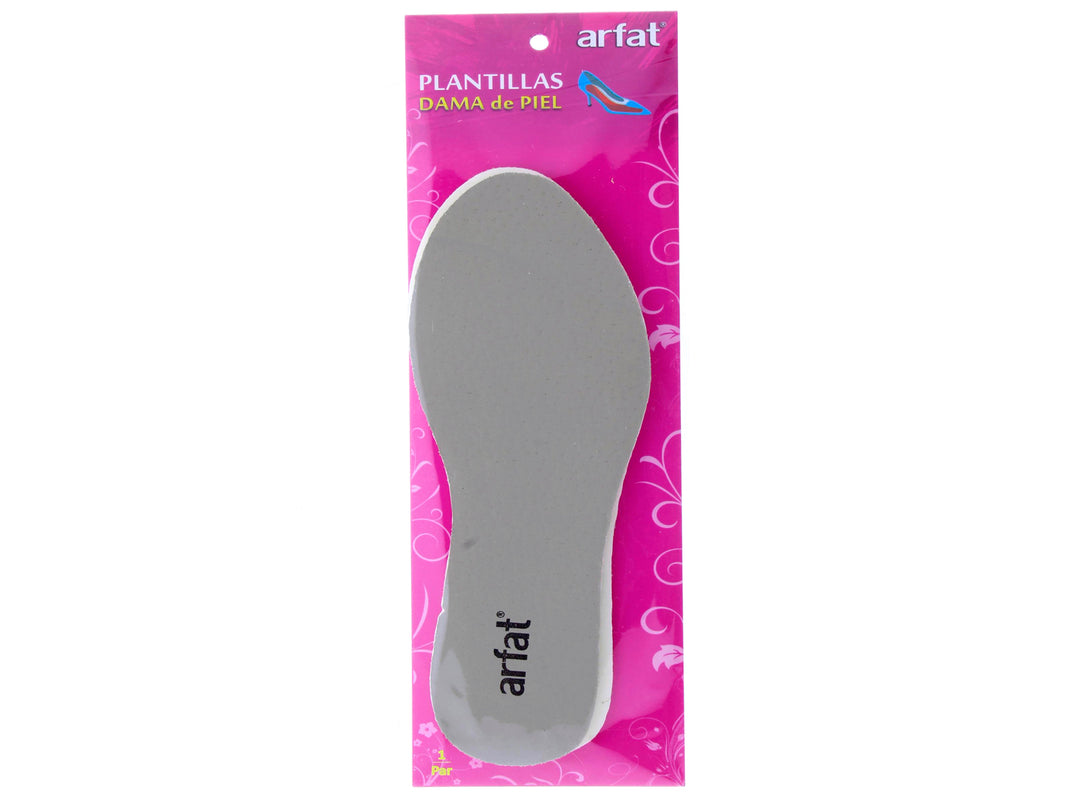 Plantillas de piel color beige marca Arfat presentadas en un empaque rosa.