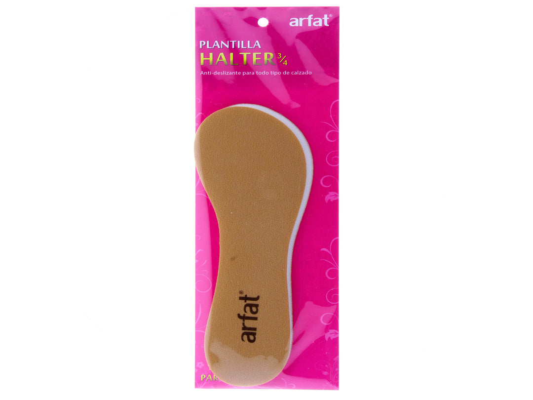 Plantilla para calzado marca Arfat de color beige en empaque rosa.
